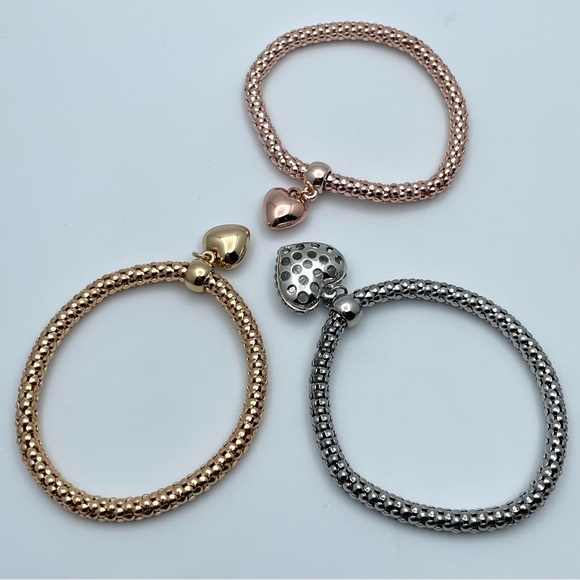 Set of 3 Metallic Mesh Heart Charm Bracelets Gold Silver Rose Gold - Picture 5 of 7